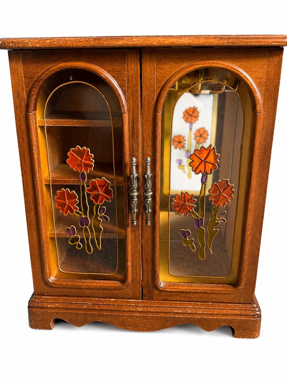 Vintage Wooden Jewelry Cabinet with Stained Plastic (faux glass)  Floral Doors